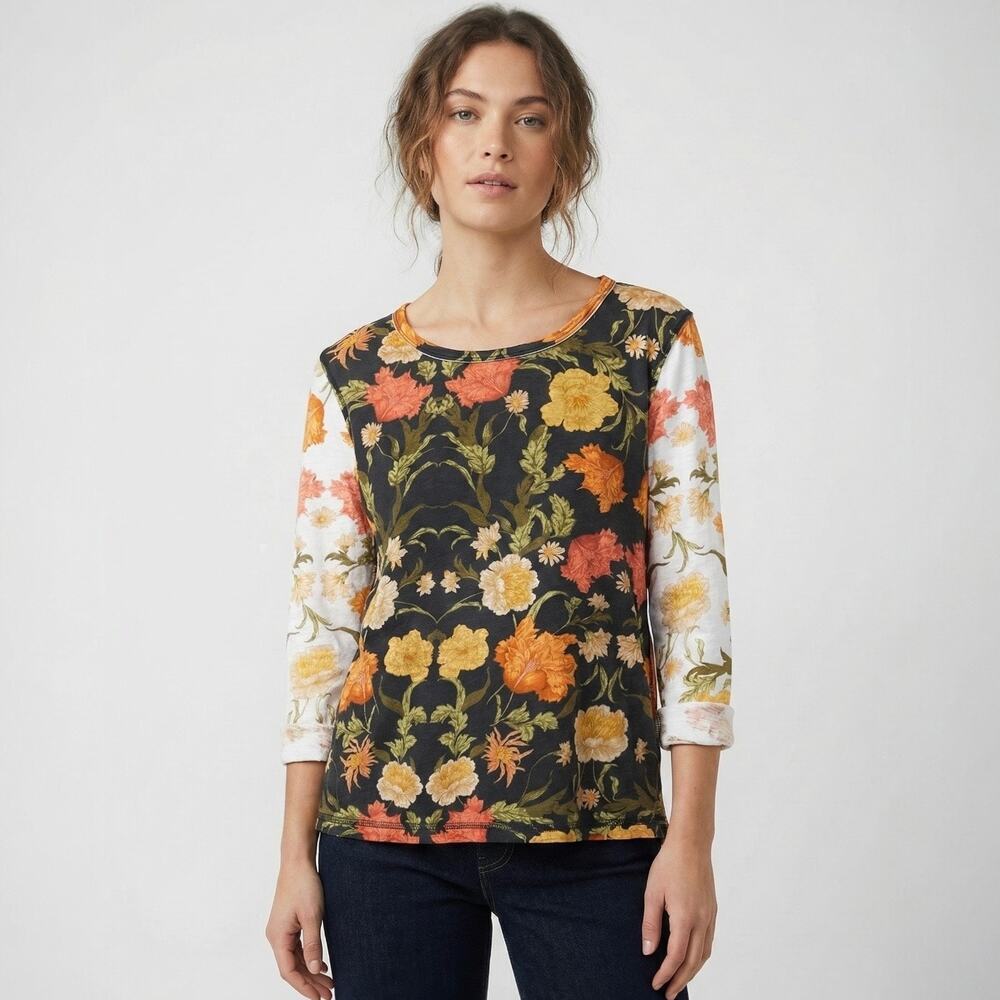 Cino Boho Mixed Floral Print Cotton Casual Long Sleeve T-Shirt Size L